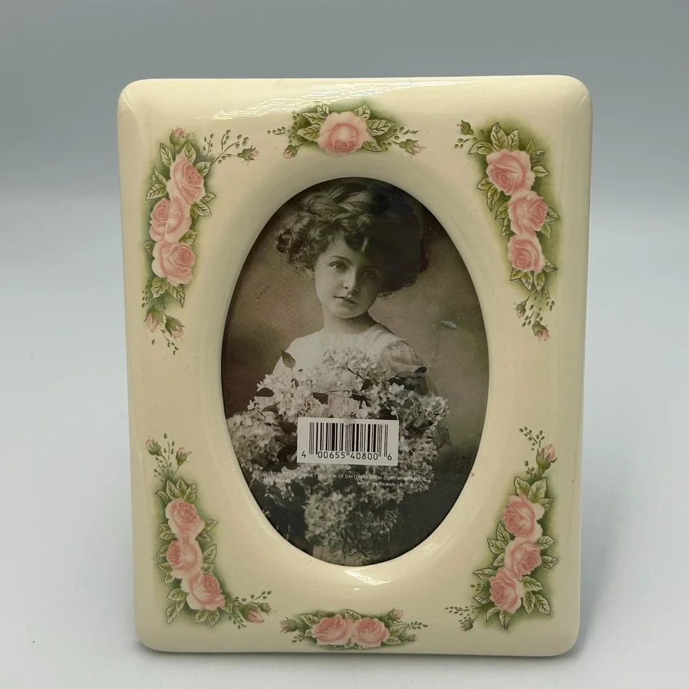 Victorian Picture Frame Pink Roses Rose Bud Floral Porcelain Oval Shaped 5